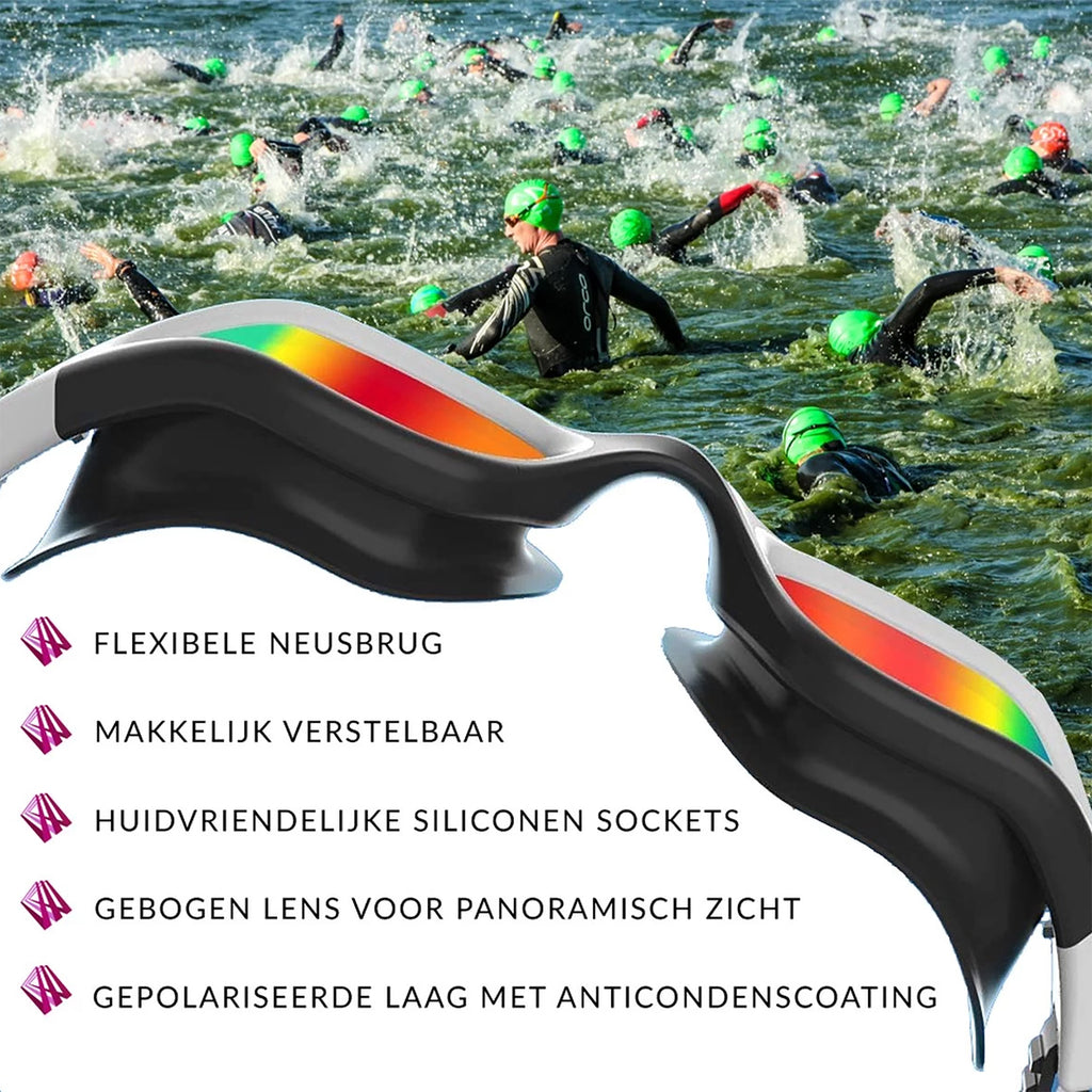 Tri-Sports Zwembril Gepolariseerd met Anti-Condens Lens - Wit/Zwart - Open Water & Triathlon